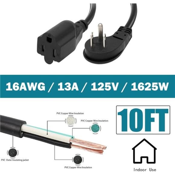 10 Ft Flat Plug Extension Cord, 16 AWG 3 Prong Grounded  Extension Cable - Picture 2 of 6
